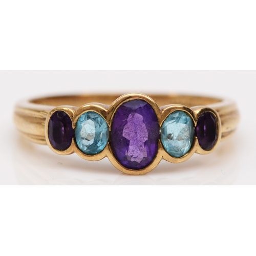 248 - A 9ct gold amethyst and topaz five stone ring, M, 2.1gm