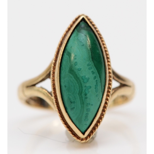 249 - A 9ct gold and malachite panel ring, 19mm, I, 3.4gm