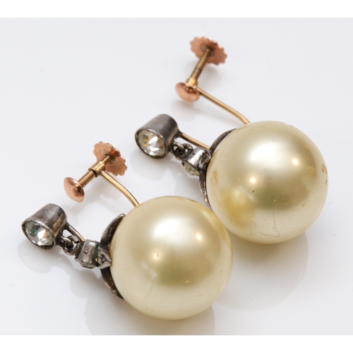 255 - A vintage pair of 9ct gold and silver imitation 9mm pearl and paste ear rings.