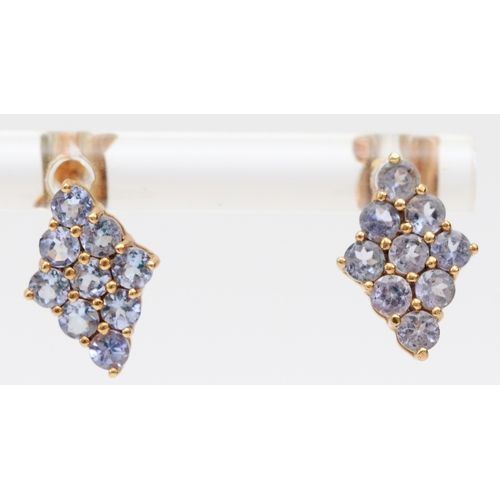 266 - A pair of 9ct gold and tanzanite cluster ear studs, 13mm, 1.2gm