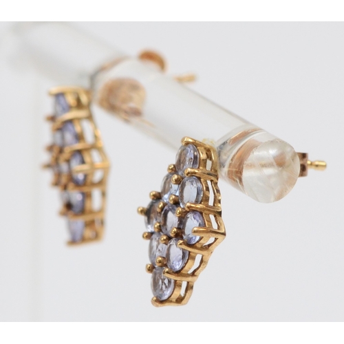 266 - A pair of 9ct gold and tanzanite cluster ear studs, 13mm, 1.2gm
