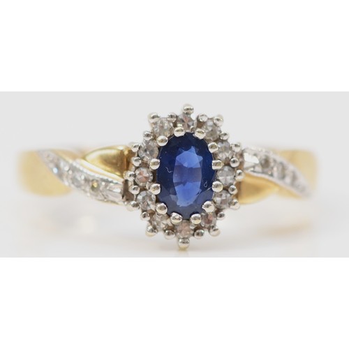 427 - A 9ct gold sapphire and single cut diamond cluster ring, diamond set shoulders, R, 3.3gm