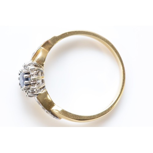 427 - A 9ct gold sapphire and single cut diamond cluster ring, diamond set shoulders, R, 3.3gm