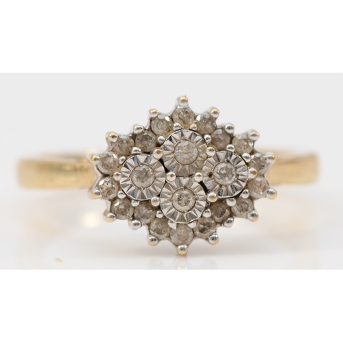 428 - A 9ct gold and single cut diamond cluster ring, stated weight 0.25cts, N, 2.9gm