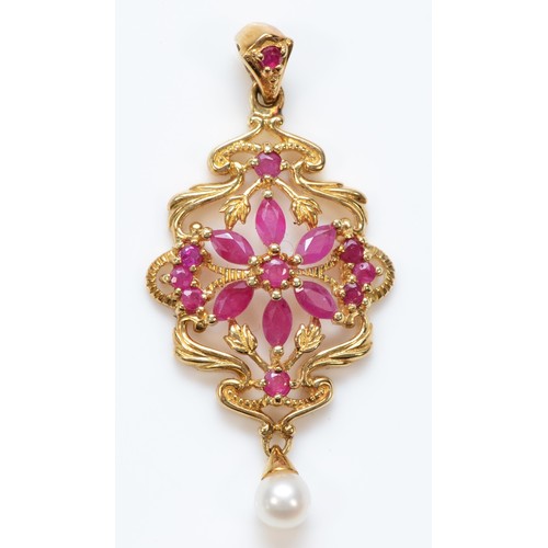 436 - A 9ct gold ruby and cultured pearl openwork pendant, 36mm, 3.1gm