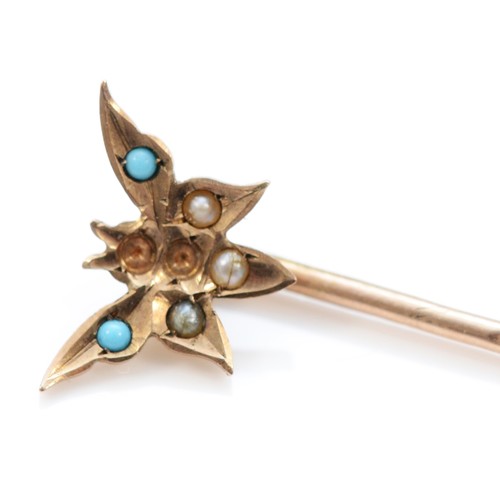 441 - Murrle Bennett & Co., a turquoise and pearl butterfly stickpin, two settings vacant, stamped to the ... 