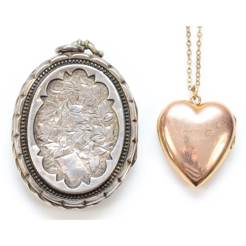 442 - An Edwardian 9ct gold back and front heart shape locket, 24mm, to a 9ct gold 40cm chain, chain 1.4gm... 