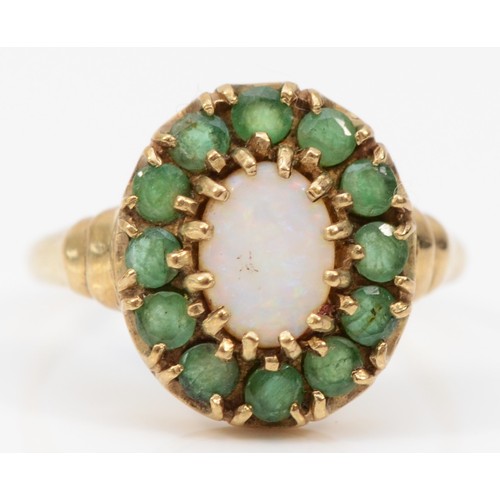 443 - A 9ct gold opal and emerald cluster ring, Q, 3.1gm