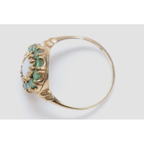 443 - A 9ct gold opal and emerald cluster ring, Q, 3.1gm