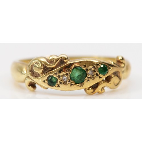 448 - A 9ct gold gold Edwardian style emerald and brilliant cut diamond five stone ring, O 1/2, 2.7gm