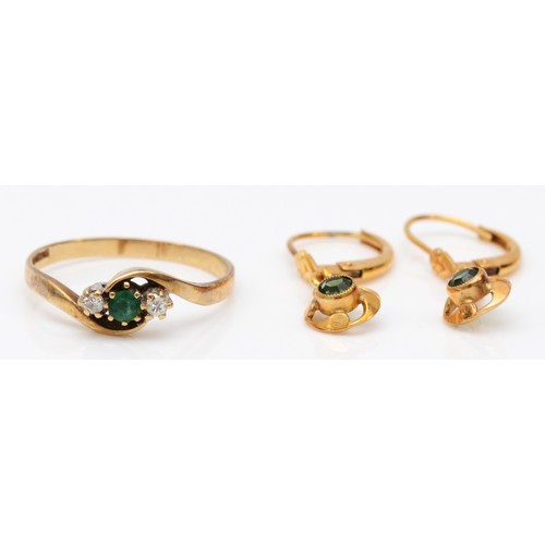 453 - A 9ct gold emerald and diamond three stone ring, P, 1.5gms and a pair of rolled gold ear rings.