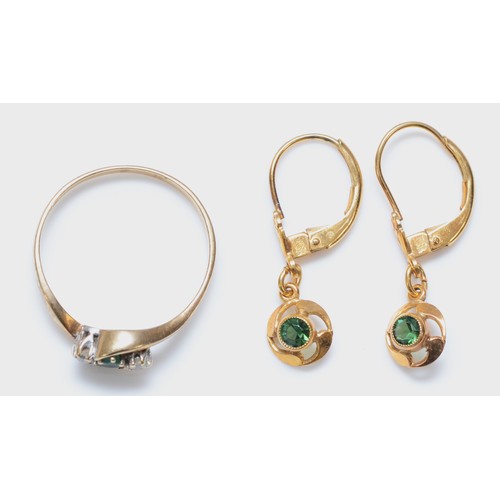 453 - A 9ct gold emerald and diamond three stone ring, P, 1.5gms and a pair of rolled gold ear rings.