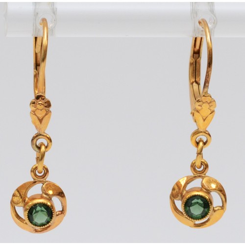 453 - A 9ct gold emerald and diamond three stone ring, P, 1.5gms and a pair of rolled gold ear rings.