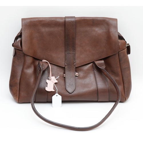 252 - Radley, brown leather shoulder bag with cotton lining, push through front fastening behind twisted l... 