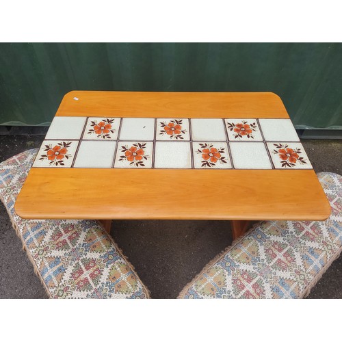 99A - A pine bench dining table with a pair of matching bench seats, and a lloyd Loom style painted wicker... 