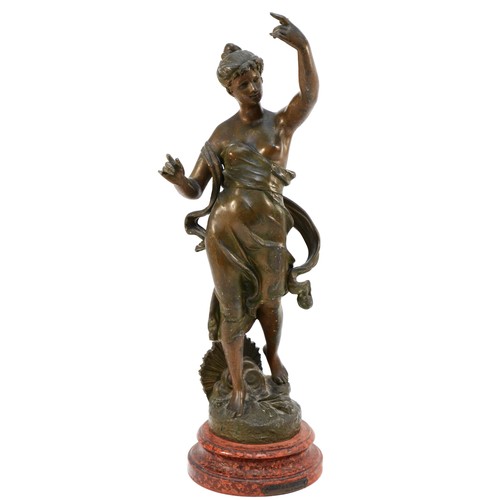A cold painted spelter figurine 'Chant de la Fauvette' after Par J. Guillot, circa early 20th century, raised a mottled painted circular base, 50cm tall.
