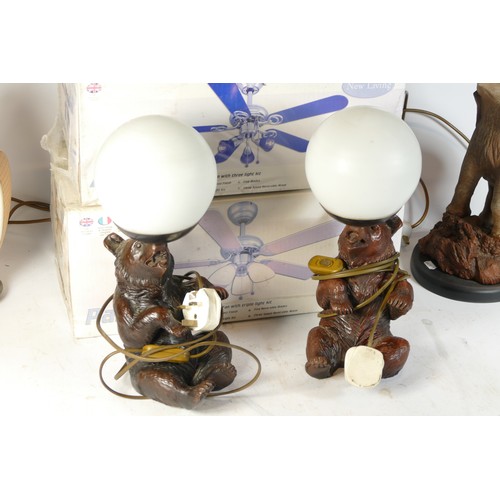 54 - A pair of figural globe table lamps of seated bears, 23cm tall, together with a figural elephant exa... 