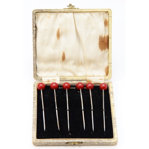 72 - An Art Deco set of six silver and resin cherry cocktail sticks, Birmingham 1927, 8.5cm, 28gm, case