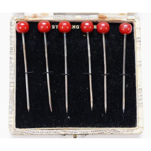 72 - An Art Deco set of six silver and resin cherry cocktail sticks, Birmingham 1927, 8.5cm, 28gm, case