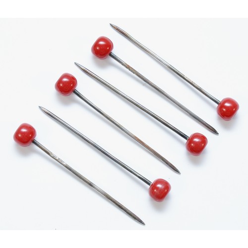 72 - An Art Deco set of six silver and resin cherry cocktail sticks, Birmingham 1927, 8.5cm, 28gm, case