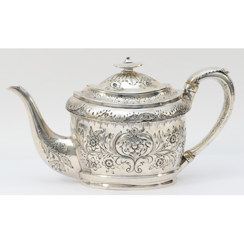 24 - A George III silver tea pot, by John Emes, London 1801, with later embossed and chased decoration, t... 