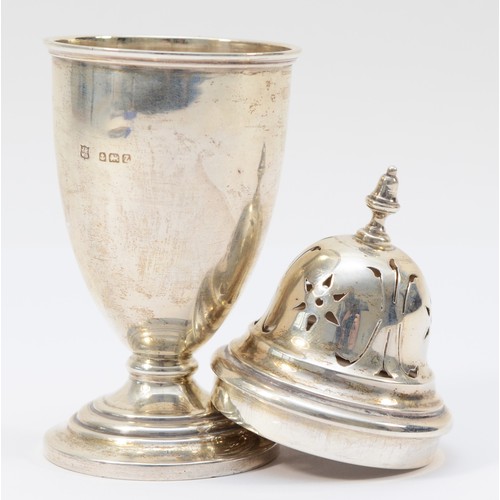 26 - A silver sugar castor, Birmingham 1923, of vase form with pierced pull off cover, 13.5cm, 69gm.