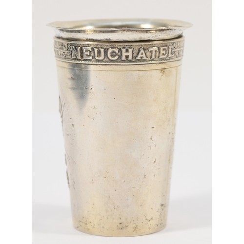 56 - A Swiss 800 standard silver beaker, by S. Orfevers, Neuchatel, c.1898, with applied crest and TIR FE... 