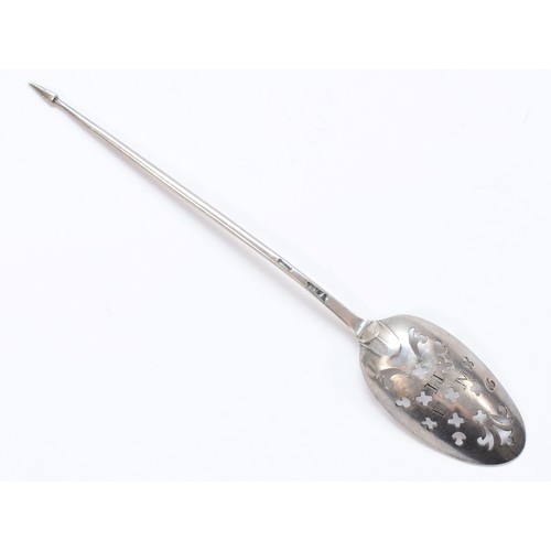 10 - An 18th century silver mote spoon, makers mark and lion passant, both squashed, bottom marked, oval ... 