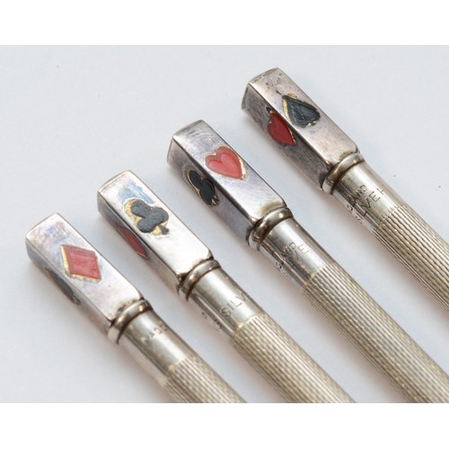 71 - A Sterling Silver and enamel set of four playing card propelling pencils, 9cm, 24gm