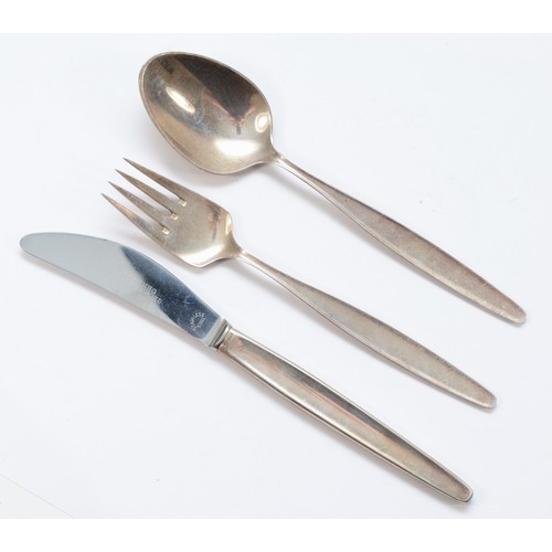 18 - Georg Jensen, a silver three piece christening set, Jensen London import marks 1962, knife 17cm, gro... 