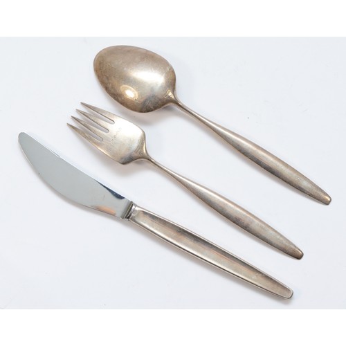 18 - Georg Jensen, a silver three piece christening set, Jensen London import marks 1962, knife 17cm, gro... 