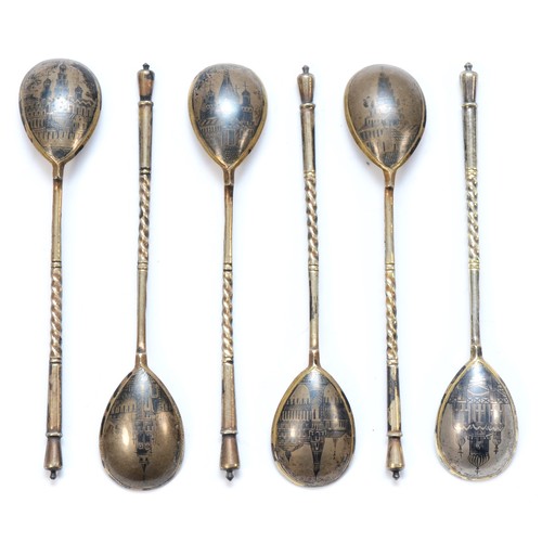 20 - A Russian silver gilt and niello set of six lemon tea spoons, by Stepan Levin, Moscow c.1900, 84 kol... 