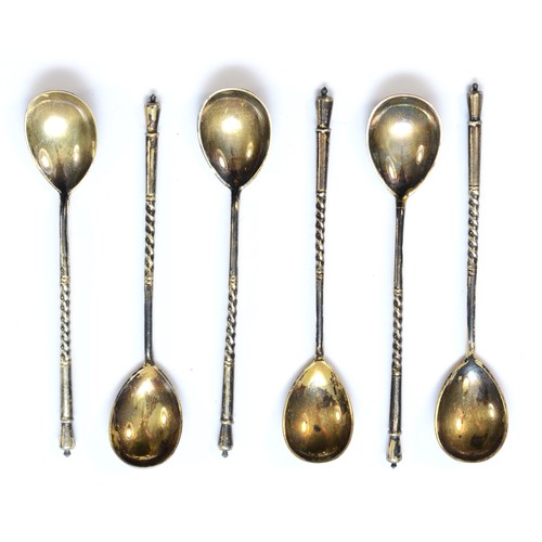 20 - A Russian silver gilt and niello set of six lemon tea spoons, by Stepan Levin, Moscow c.1900, 84 kol... 