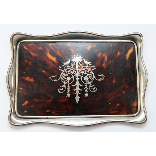 A Victorian silver and tortoiseshell dressing table tray, London 1896, with fruit, bird and scroll inset decoration, 29.5 x 20cm, 347gm