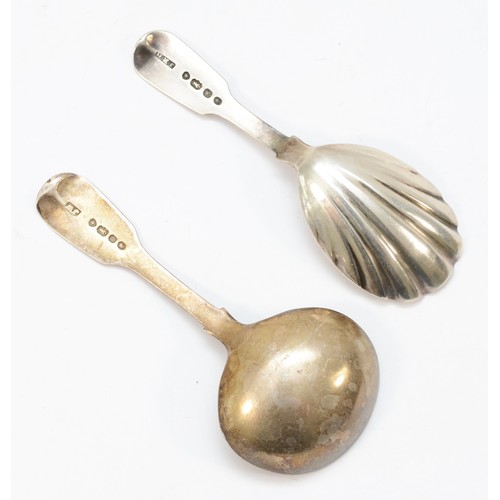 13 - A Victorian silver fiddle pattern caddy spoon, London 1849 with floral engraved bowl and a Victorian... 