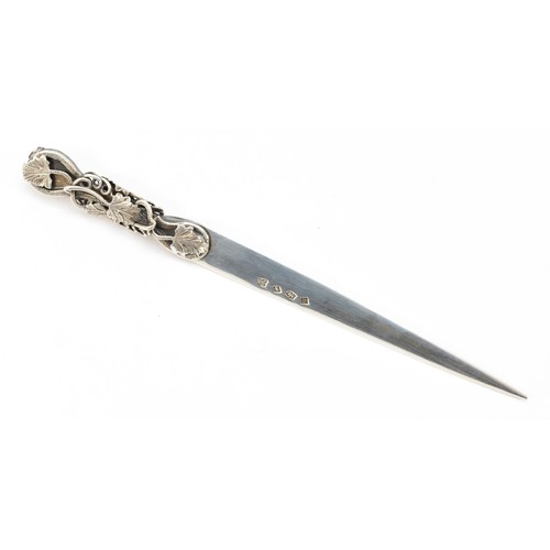 66 - A silver letter opener, by Warwickshire Reproduction Silver, Birmingham 1970, with cast vine leaf ha... 