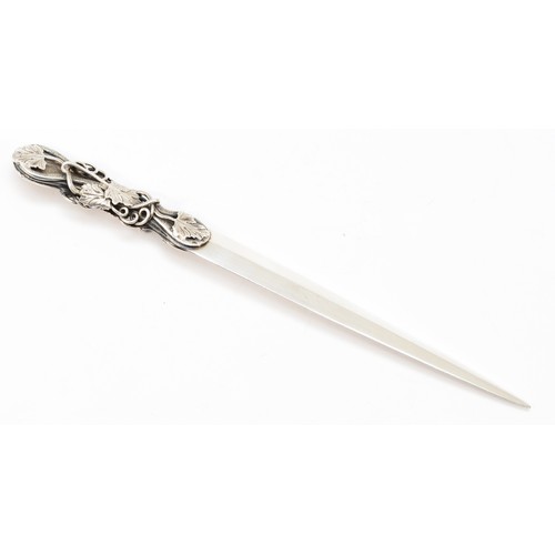 66 - A silver letter opener, by Warwickshire Reproduction Silver, Birmingham 1970, with cast vine leaf ha... 