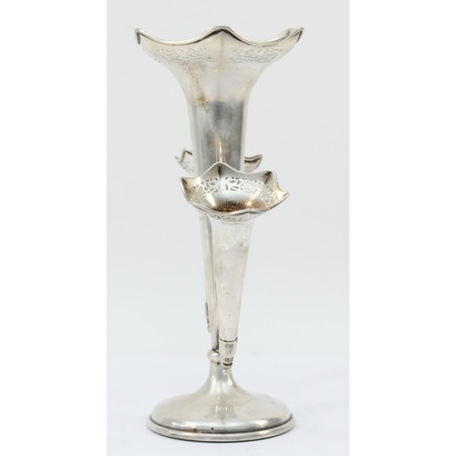 51 - A silver epergne, Birmingham 1913, with three pierced tapering vases, 26cm, loaded.