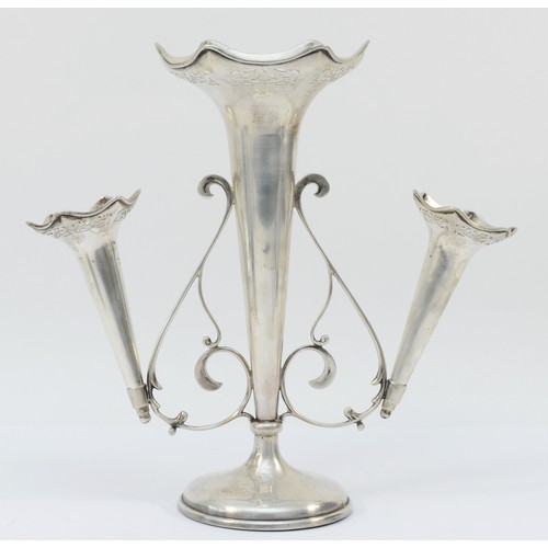 51 - A silver epergne, Birmingham 1913, with three pierced tapering vases, 26cm, loaded.