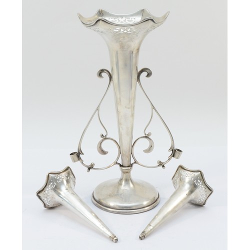 51 - A silver epergne, Birmingham 1913, with three pierced tapering vases, 26cm, loaded.