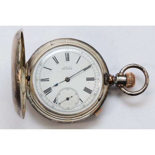 91 - Waltham, a Sterling Silver keyless wind full hunter pocket watch, c. 1880, white enamel dial with 30... 