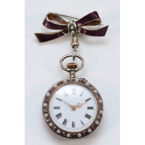 93 - An Edwardian silver purple paste and imitation half pearl bow fob watch, London import 1908, white d... 