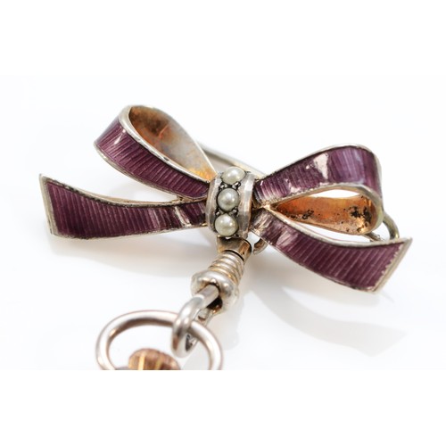 93 - An Edwardian silver purple paste and imitation half pearl bow fob watch, London import 1908, white d... 