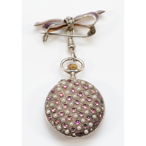 93 - An Edwardian silver purple paste and imitation half pearl bow fob watch, London import 1908, white d... 