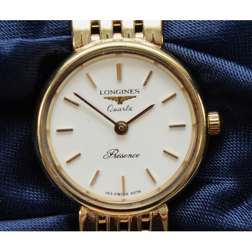 107 - Longines, Presence, a 9ct gold quartz ladies wristwatch, ref 25.189.754, white dial with baton marki... 