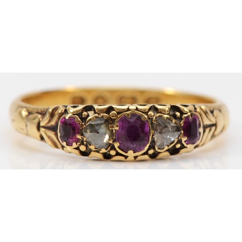 121 - A Victorian 18ct gold, rose diamond and ruby five stone ring, Birmingham 1886, carved shoulders, P 1... 