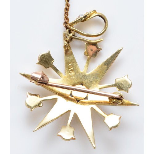 122 - A Victorian 15ct gold and half pearl eight ray star brooch/pendant, detachable bail, 29mm, 4.5gm