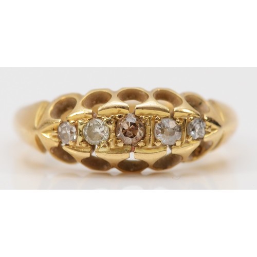 127 - An antique 18ct gold and old cut diamond five stone ring, Birmingham 1913, K, 3gms, one stone a repl... 