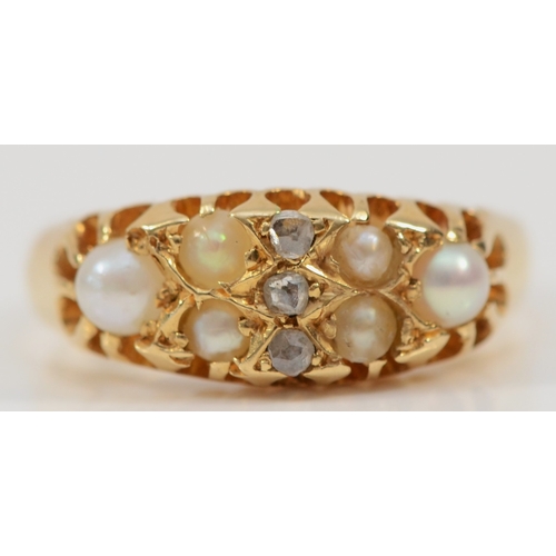 140 - A Victorian 18ct gold rose diamond and half pearl boat shape ring, Chester 1899, L, 3.6gm