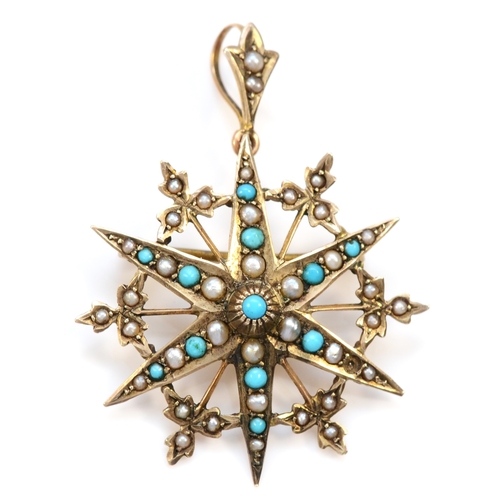 144 - A 9ct gold turquoise and half pearl six ray star brooch/pendant, Birmingham 1915, one turquoise vaca... 